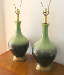 Pair of mid century modern pottery lamps in green: $175
