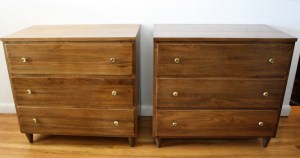 mcm pair of bachelor dressers with brass knobs 1