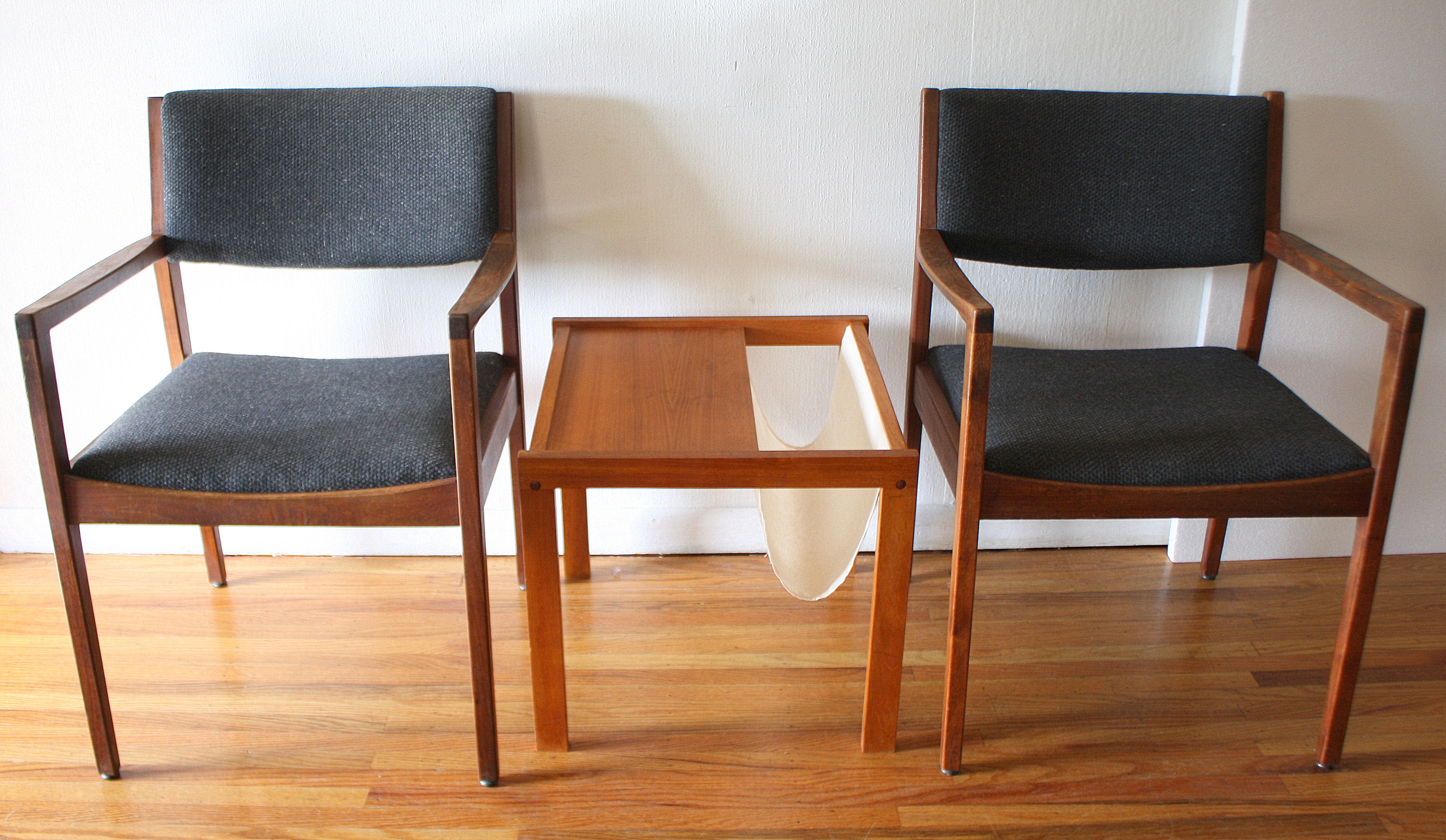 mcm slate gray chairs with Danish side table magazine rack 1