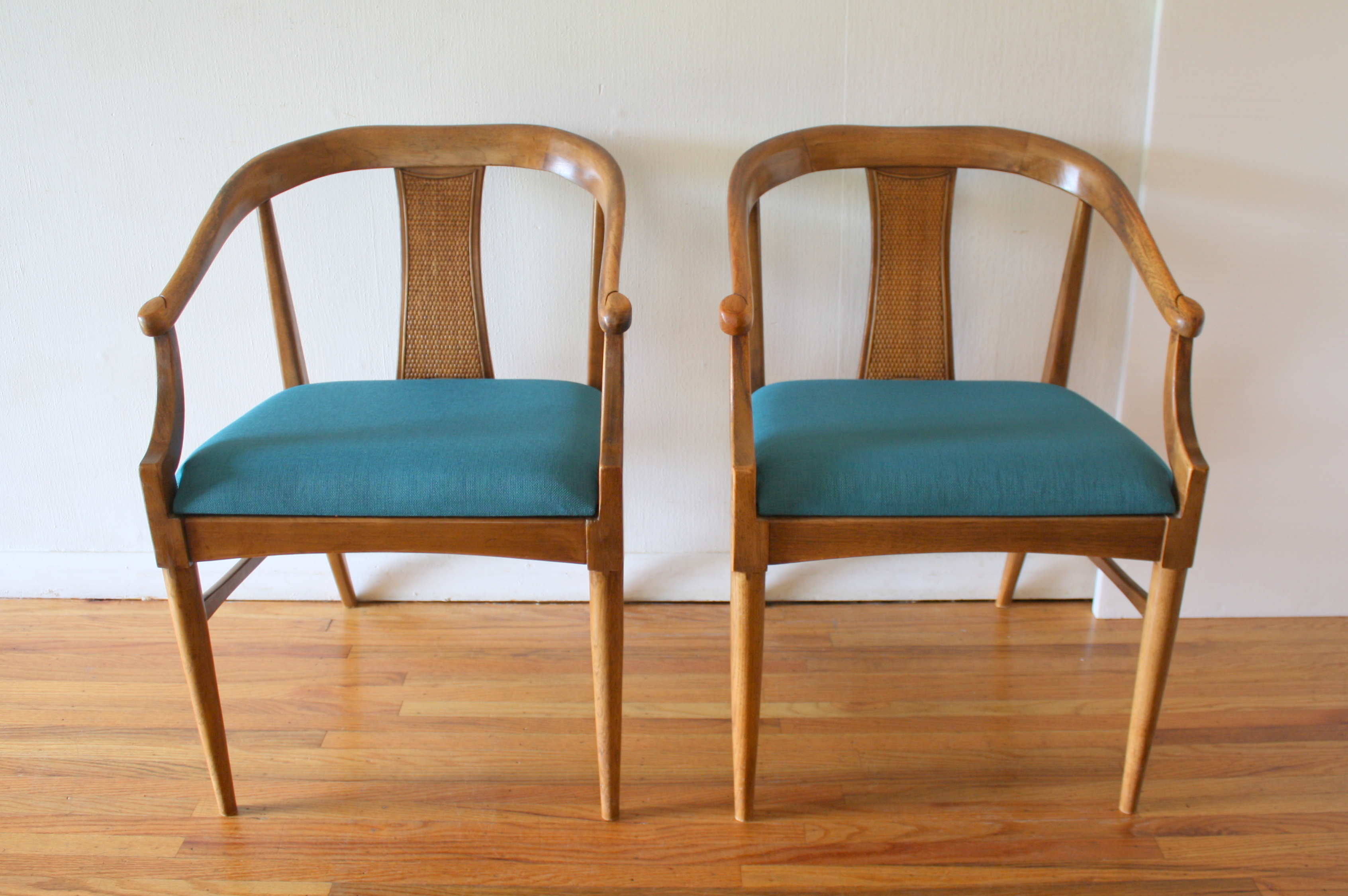 mcm pair of rattan arm chairs with teal tweed 1.JPG