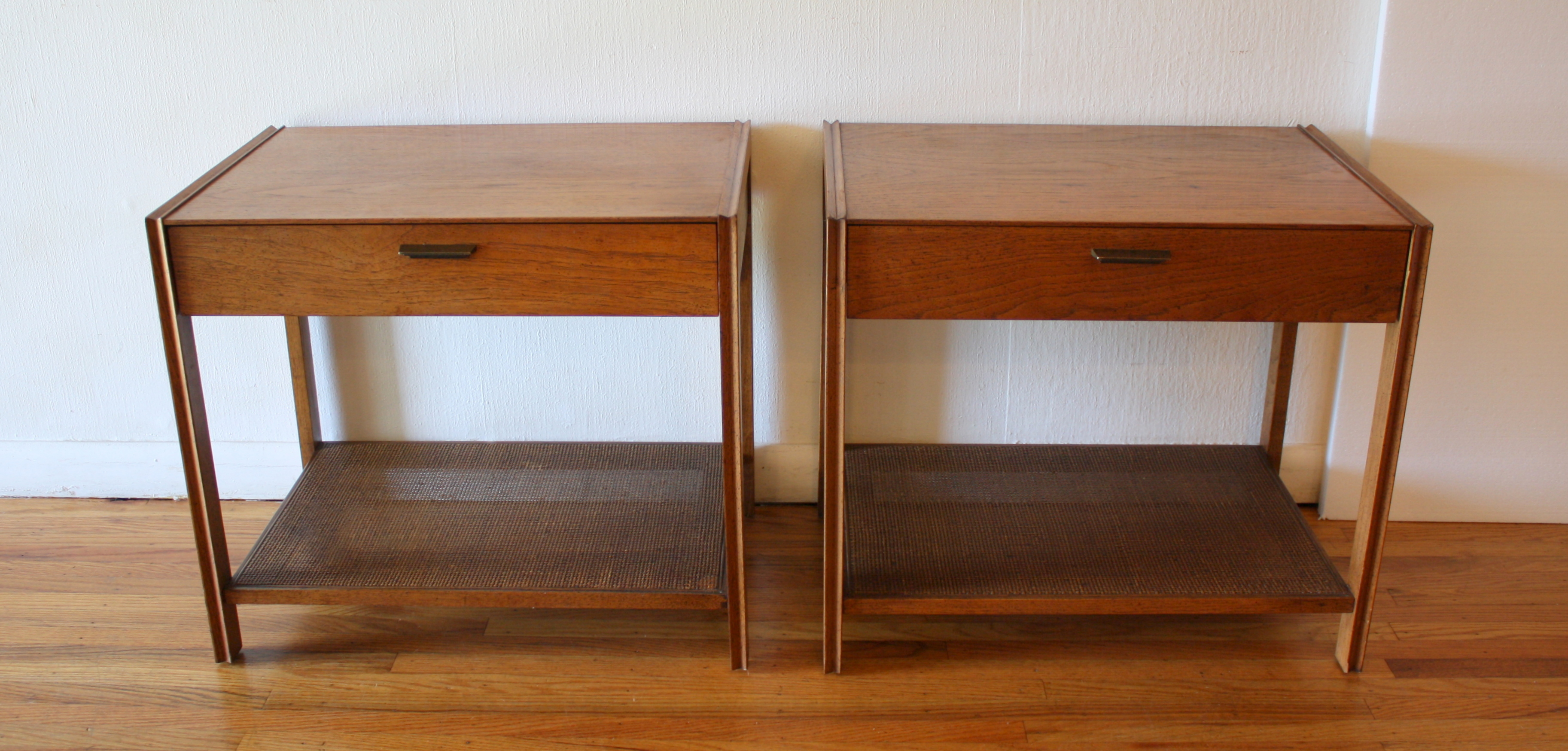 mcm pair of side end tables with rattan bottom shelves 1