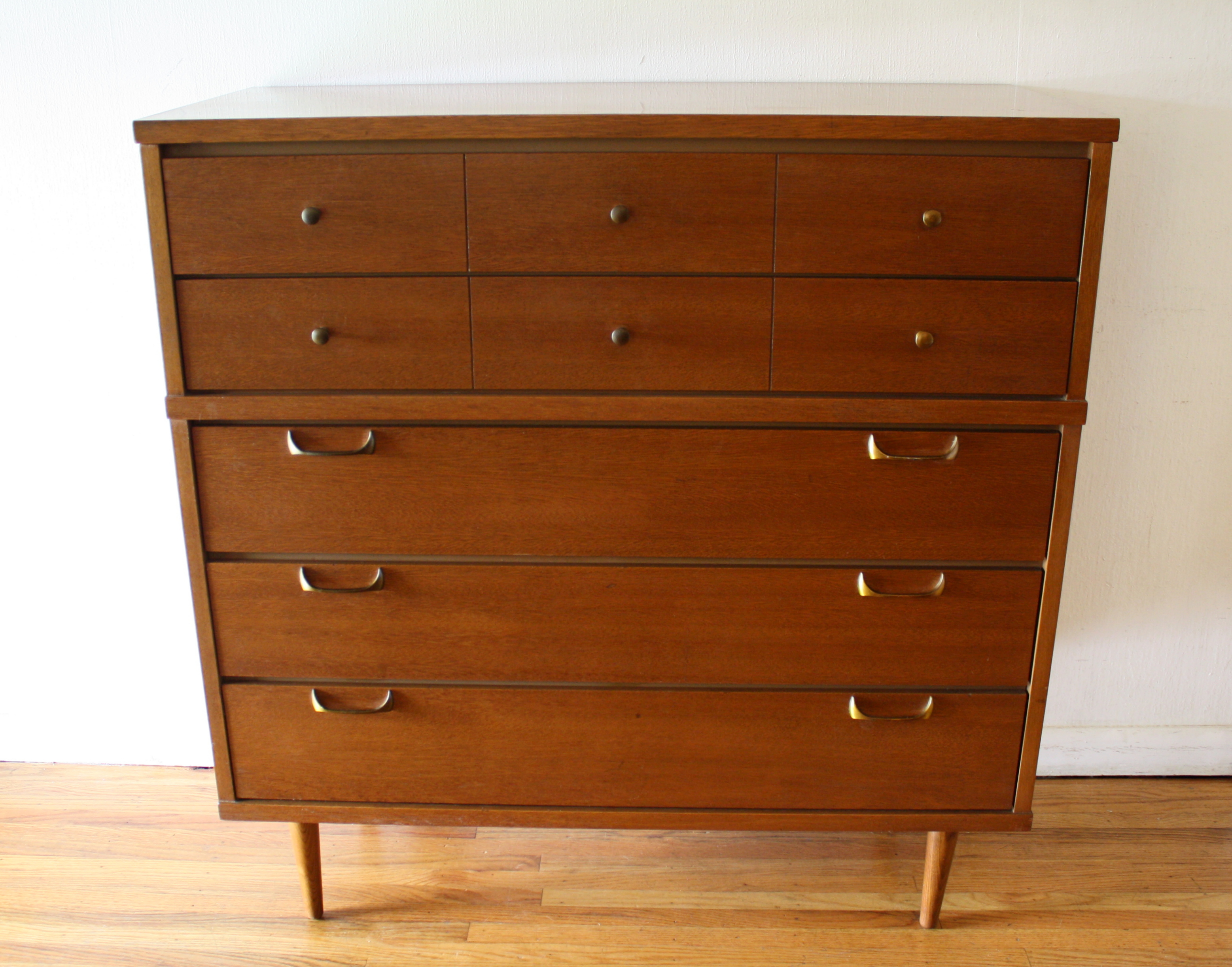 mcm tall dresser with sculpted brass handles 1