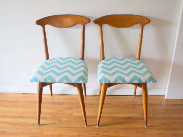 mcm pair of chairs with turquoise chevron 2
