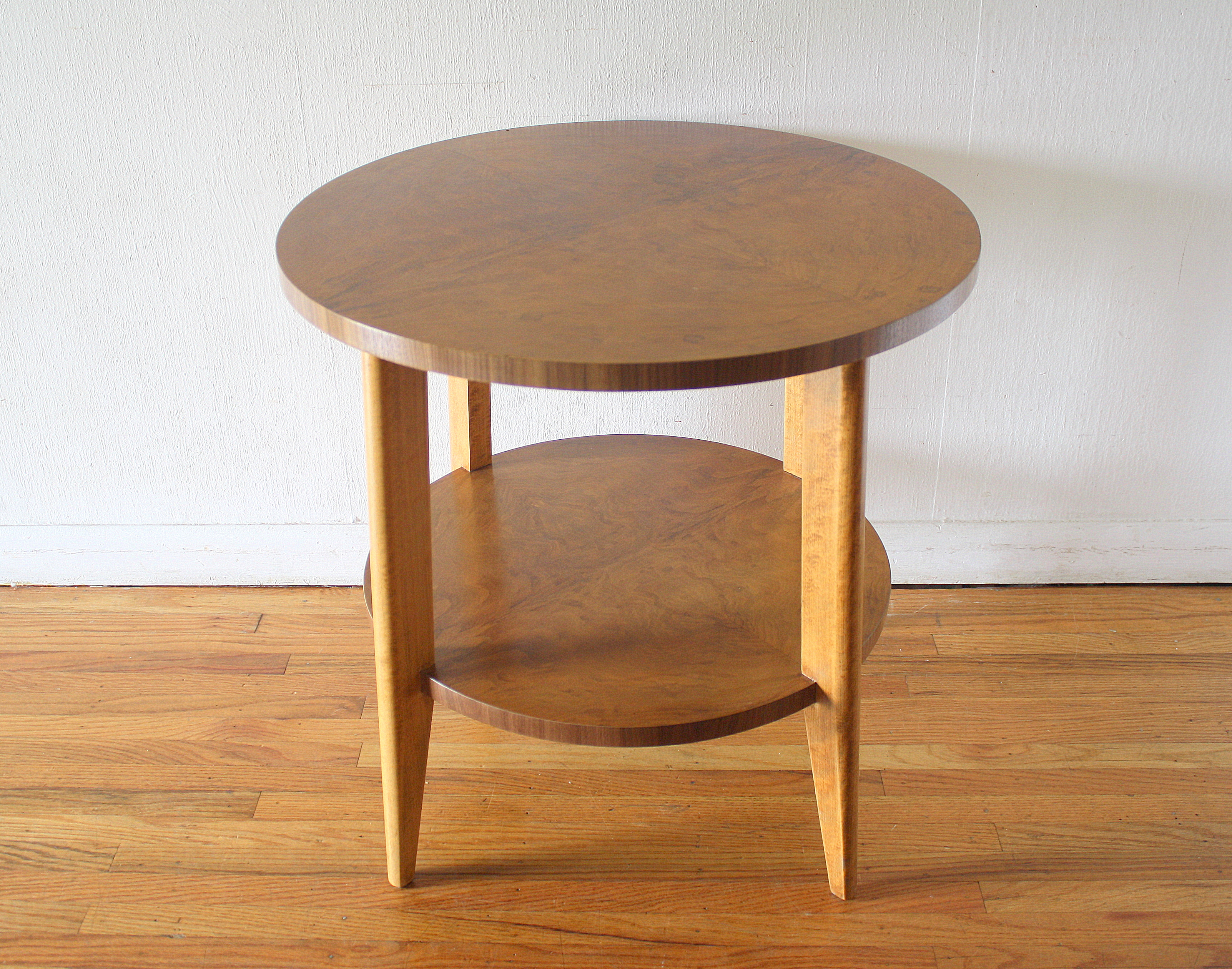 mcm round side end table with burl design 2.JPG