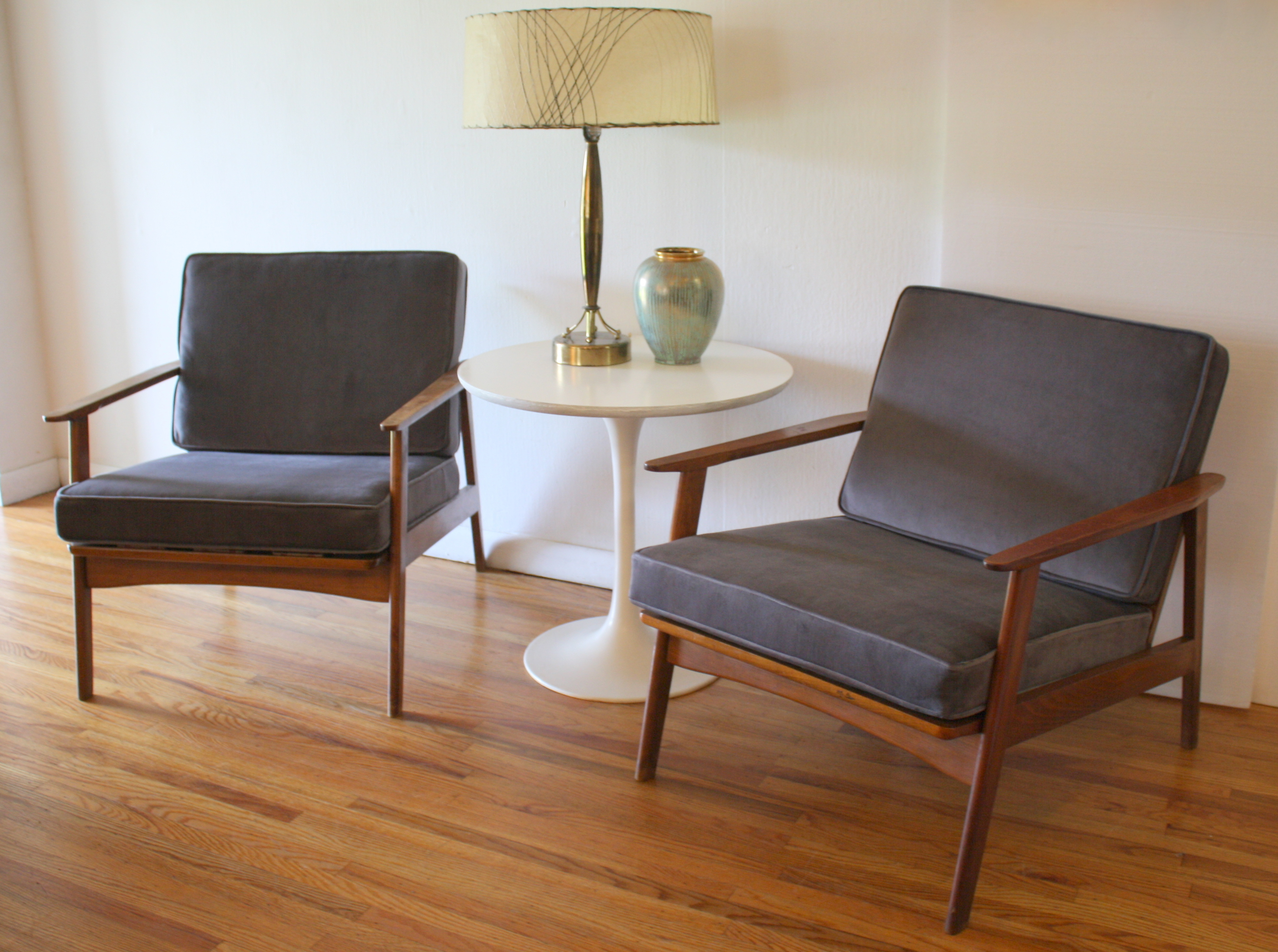 mcm elephant gray velvet arm chairs with tulip base side table