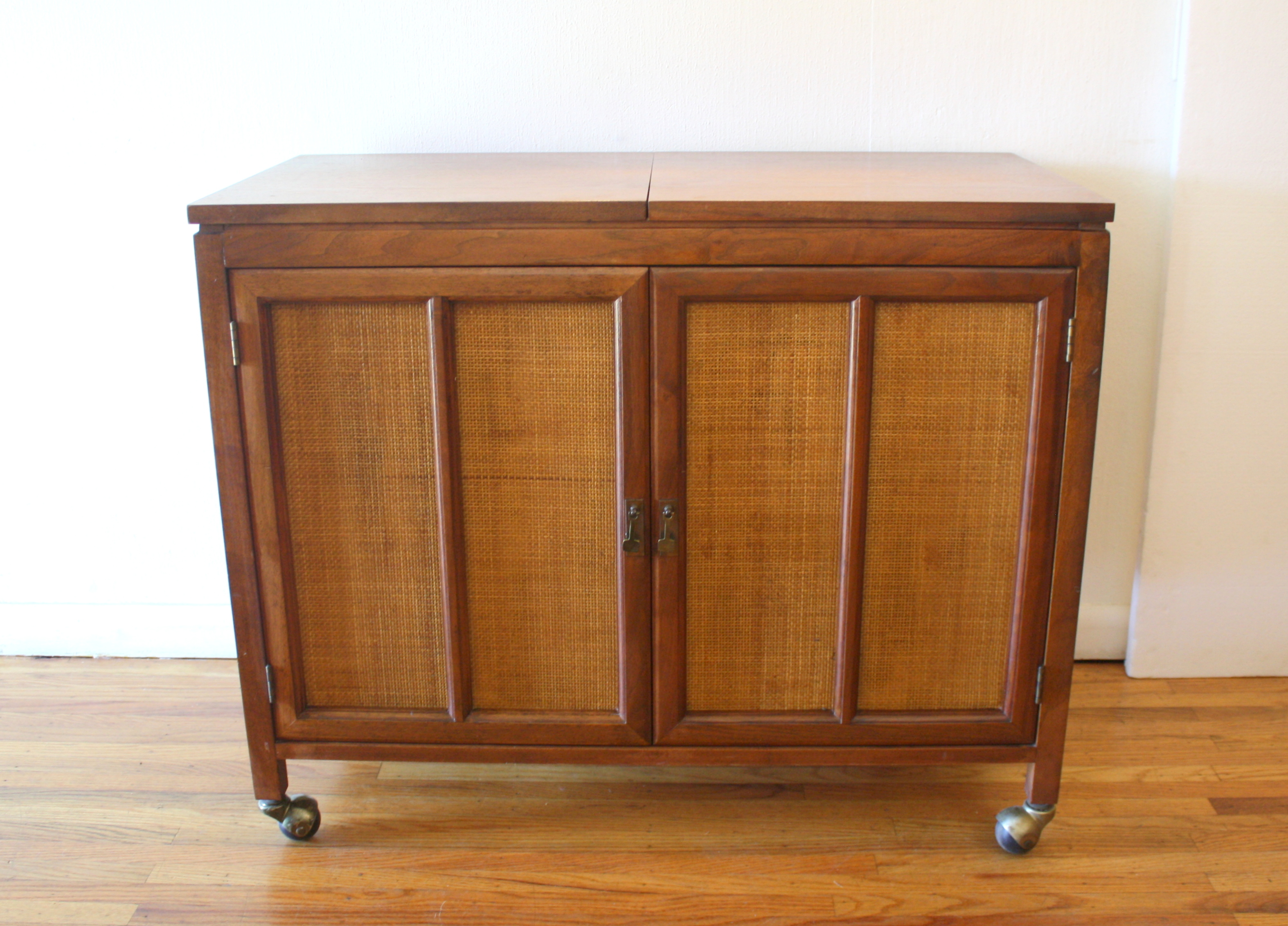 mcm hidden bar cabinet with rattan doors 4