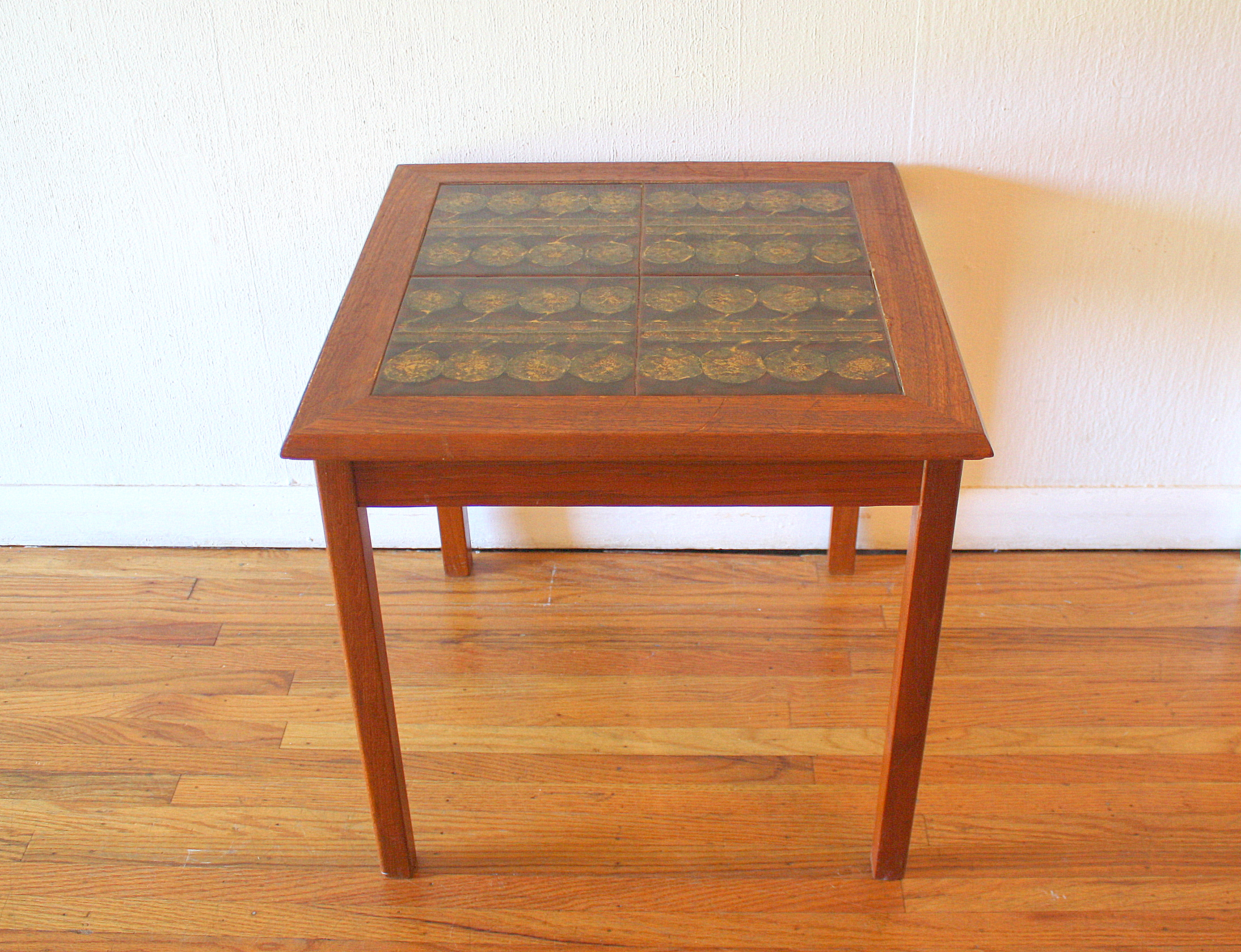 Danish teak tile table gold circles 3