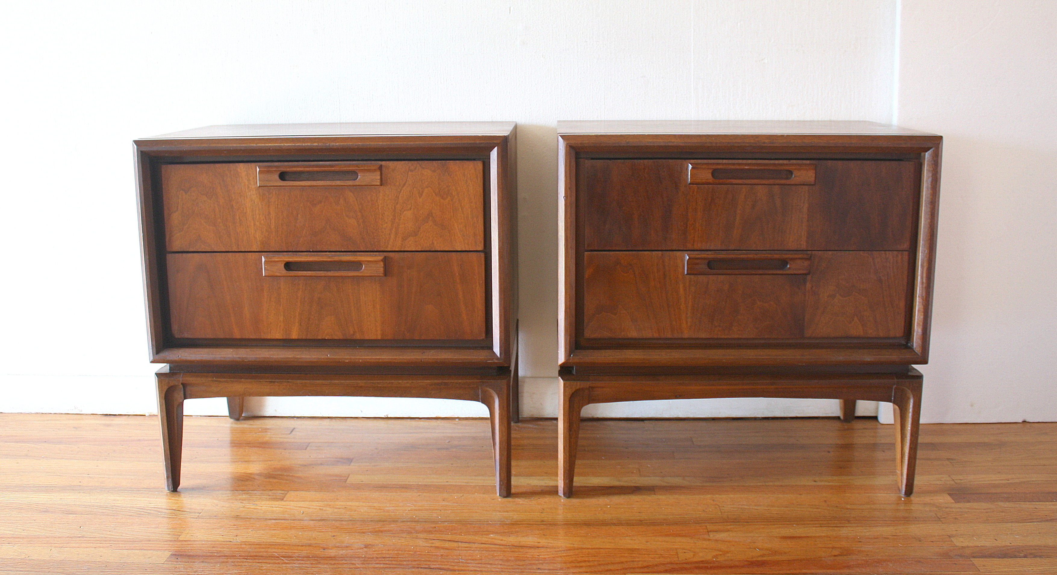 mcm pair of nightstands with wood pulls 1