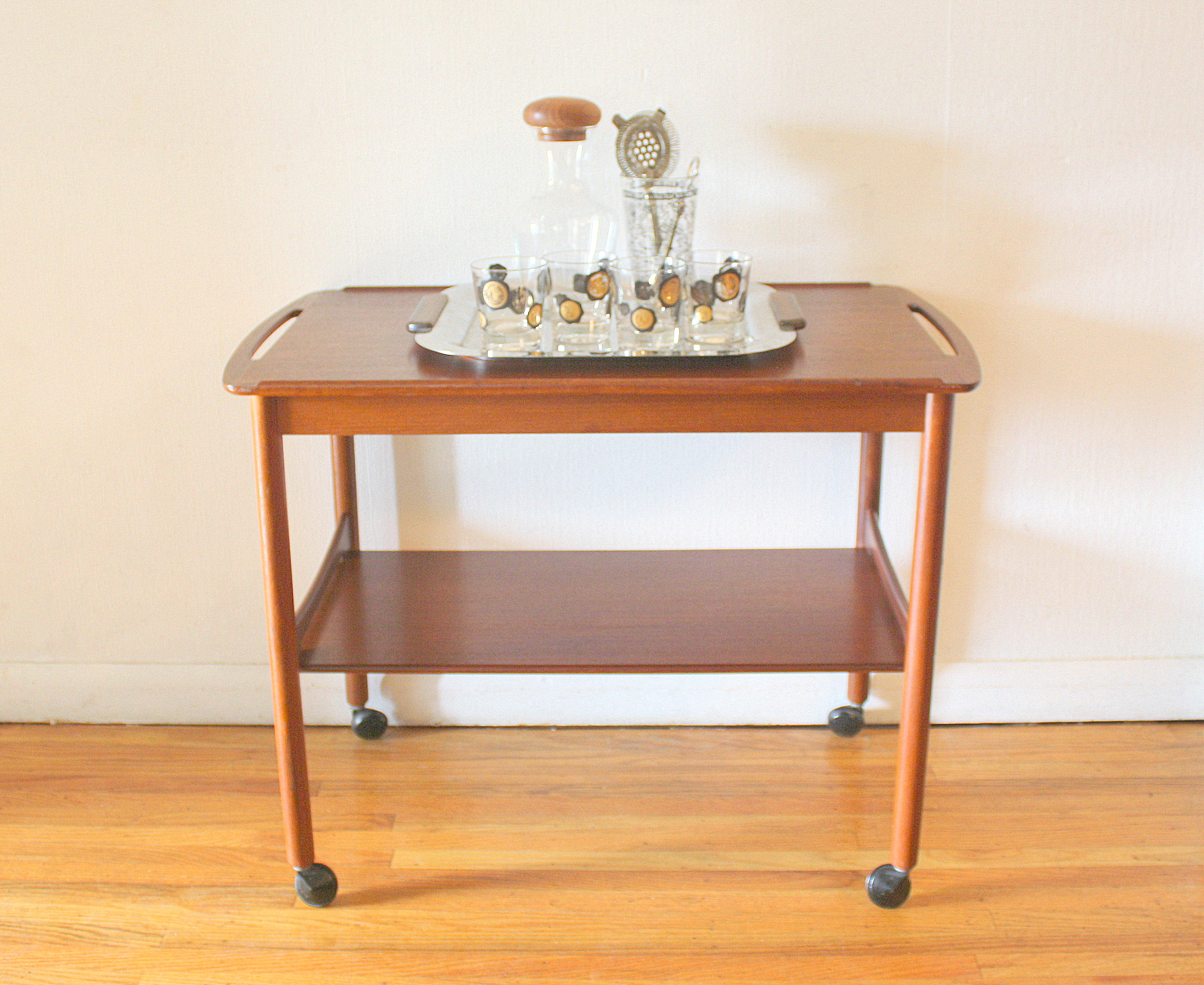 Danish teak serving bar cart with handles 1.JPG