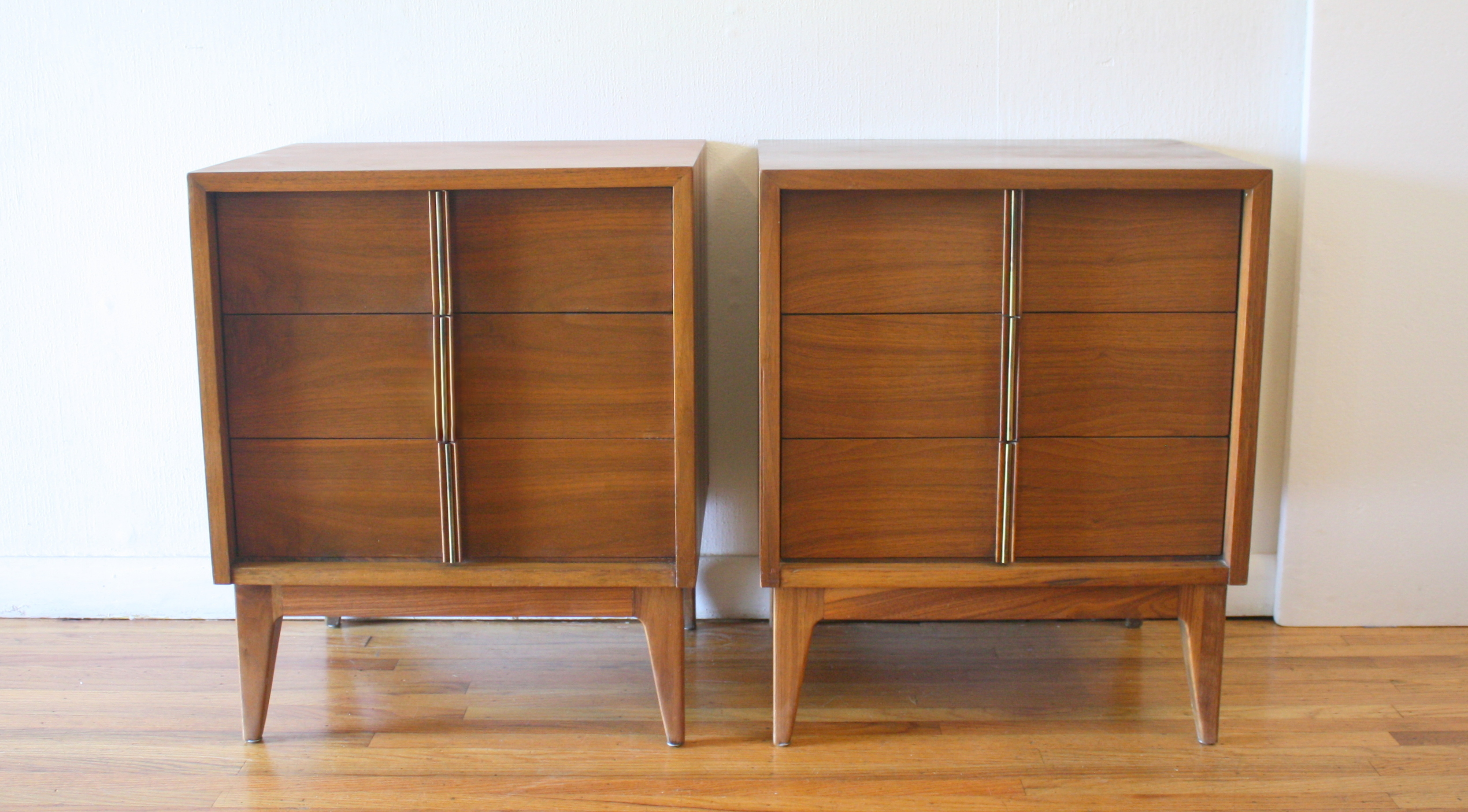 mcm pair of 3 drawer nightstands with brass accents 1