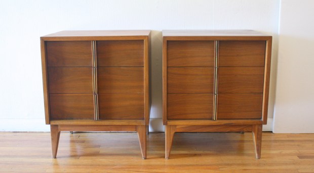 mcm pair of 3 drawer nightstands with brass accents 1