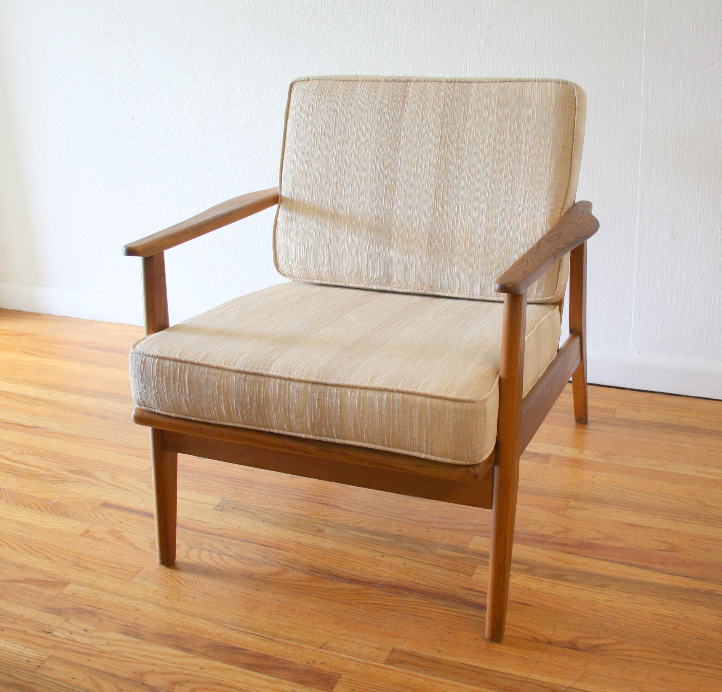 Mcm arm chair with neutral striped upholstery 2.JPG