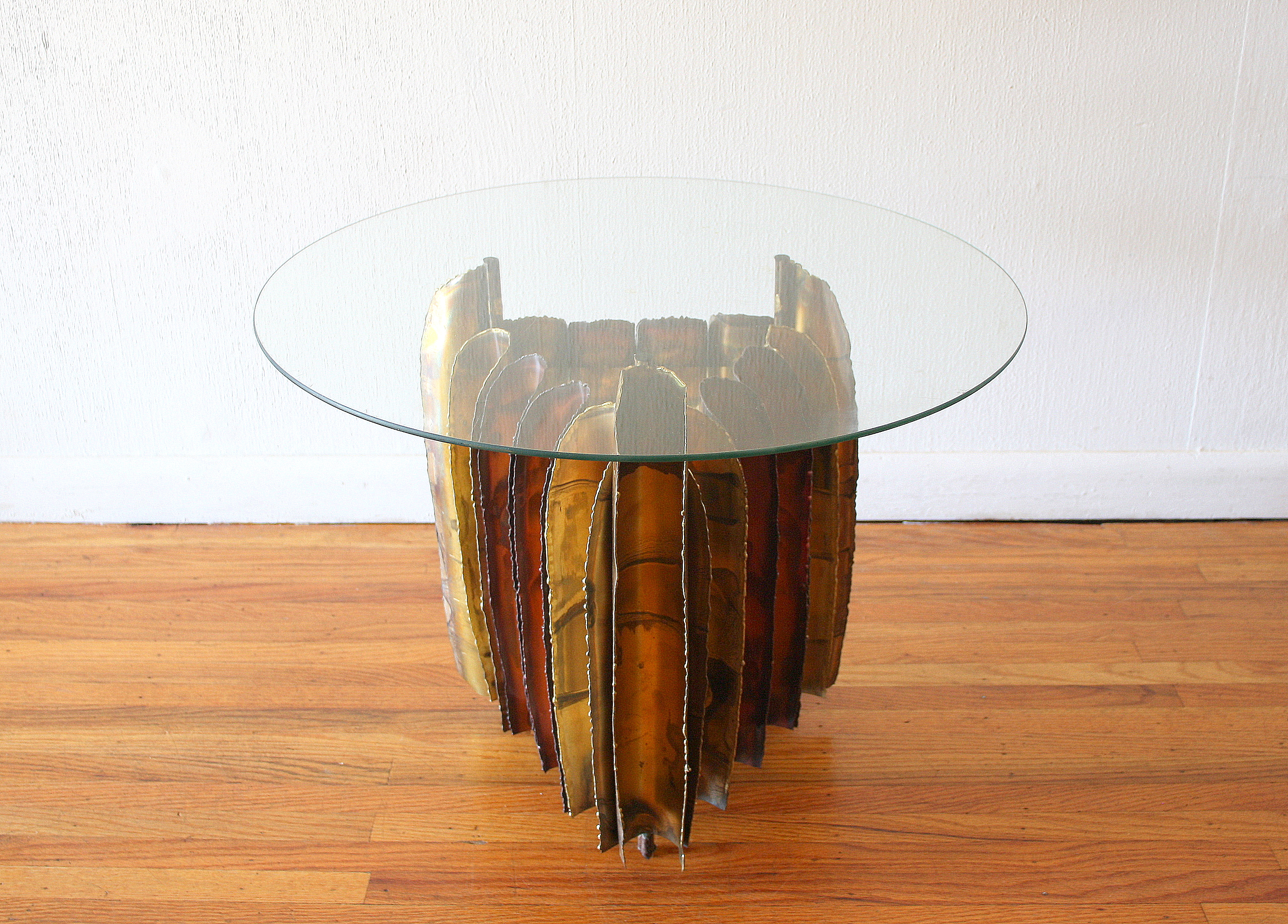 Mcm Brutalist round glass topped table 1