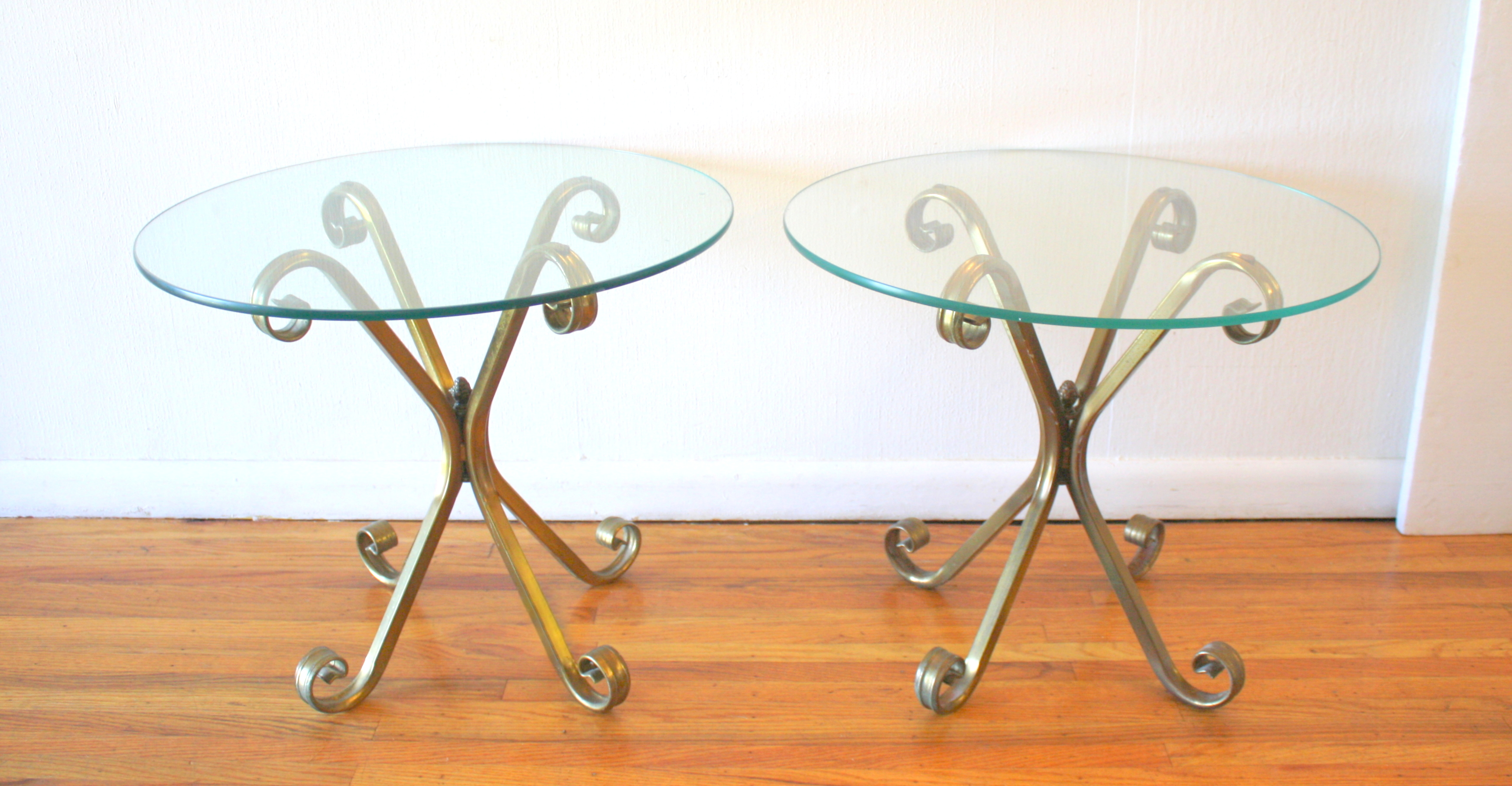 mcm pair of brass base glass top side end tables 3